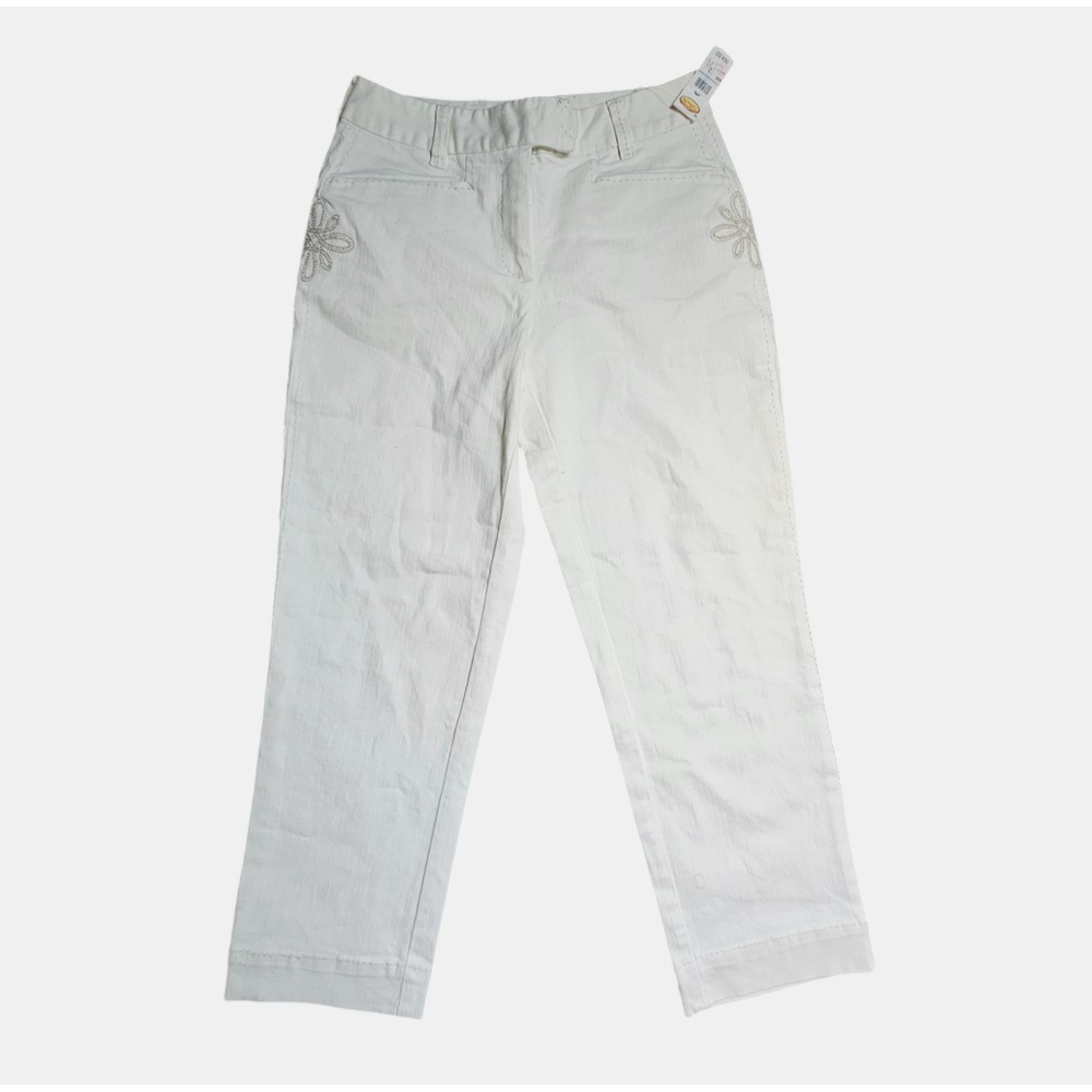 Talbots Cropped Stretch Pants Straight Embroidery Ivory 2x25 Cotton Blend NWT‎